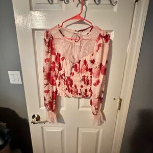 Free People Floral Lace Blouse - Pink and Red